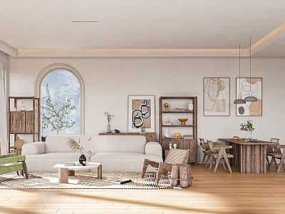 Bright Natural Rustic Living And Dining Room With Elegant Arched Window And Solid Wood Furnishings 3d model