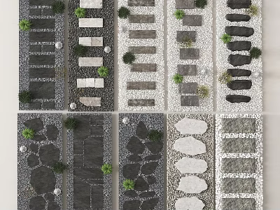 Various Stepping Stones Designs For Garden Paths With Pebbles And Green Plants 3d model