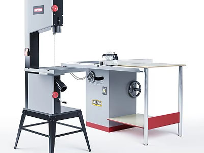 Industrial Bandsaw With Workbench Table Metal Stand And Operating Wheels 3d model