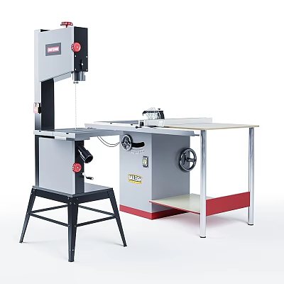 Industrial Bandsaw With Workbench Table Metal Stand And Operating Wheels 3d model