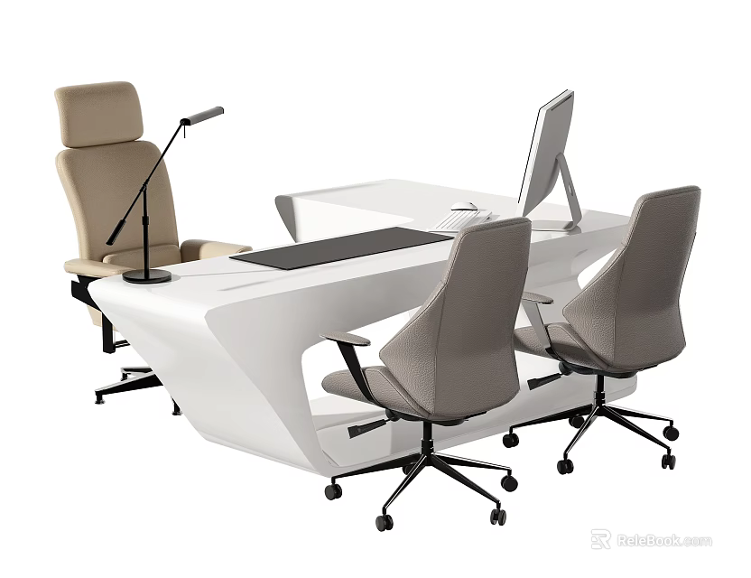 Modern White Office Desk With Sleek Design Computer Monitor And Three Chairs 3d model 