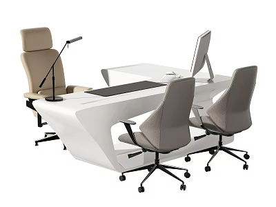 Modern White Office Desk With Sleek Design Computer Monitor And Three Chairs 3d model