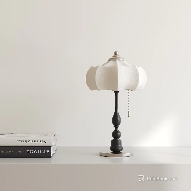 Modern Table Lamp With White Lampshade Black Post And Silver Base On Table Near Books 3d model 