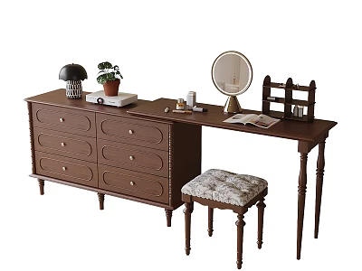 Wooden Dressing Table with Mirror Table Lamp Potted Plant Book and Furry Stool 3d model