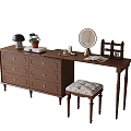 Wooden Dressing Table with Mirror Table Lamp Potted Plant Book and Furry Stool