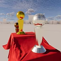 Decorative Ornament Set With Gold Silver Trophies On Red Draped Platform Against Blue Sky