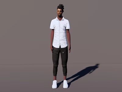 Man wearing white shirt black pants and white shoes standing against gray background with shadow 3d model