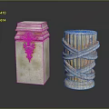 Decorative Stone Columns With Square Ornate Carvings And Cylindrical Twisted Design