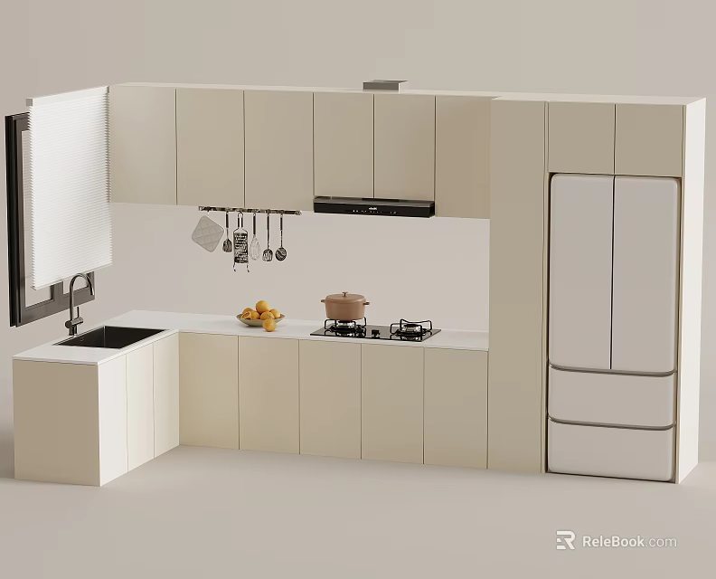 Modern White Kitchen Cabinets With Integrated Wall Base Units And Countertop Storage 3d model 
