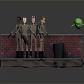 Group of Uniformed Characters by Red Brick Wall with Ground Props and Floating Green Sphere