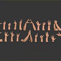 Various Hand Gestures With Orange Arm Models Arranged On Black Background With Reflections 3d model