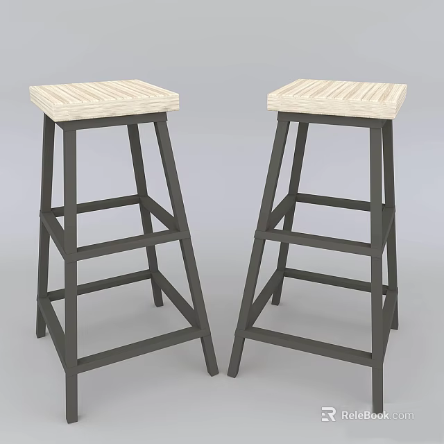 Light Wood Striped Top Bar Stools with Dark Metal Frame 3d model 