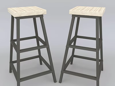 Light Wood Striped Top Bar Stools with Dark Metal Frame 3d model