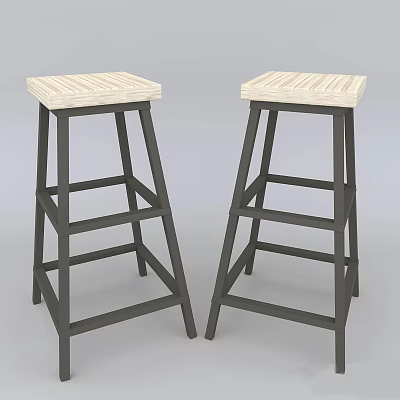 Light Wood Striped Top Bar Stools with Dark Metal Frame 3d model