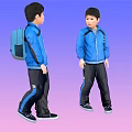 Men in Blue Jackets and Black Pants Carrying Backpacks Against Gradient Purple Pink Background