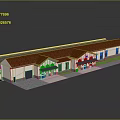 Cartoon Scene Of Single Story Building With Red Roof Front Awnings Doors And Green Lawn