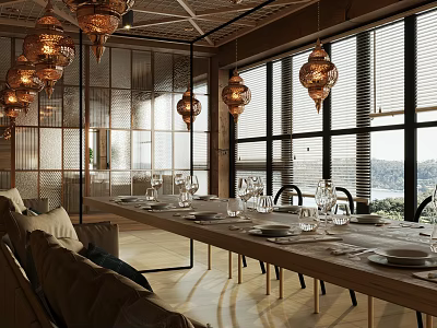 Elegant Modern Restaurant Interior With Decorative Chandeliers Large Windows And Wooden Dining Table 3d model