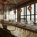Elegant Modern Restaurant Interior With Decorative Chandeliers Large Windows And Wooden Dining Table