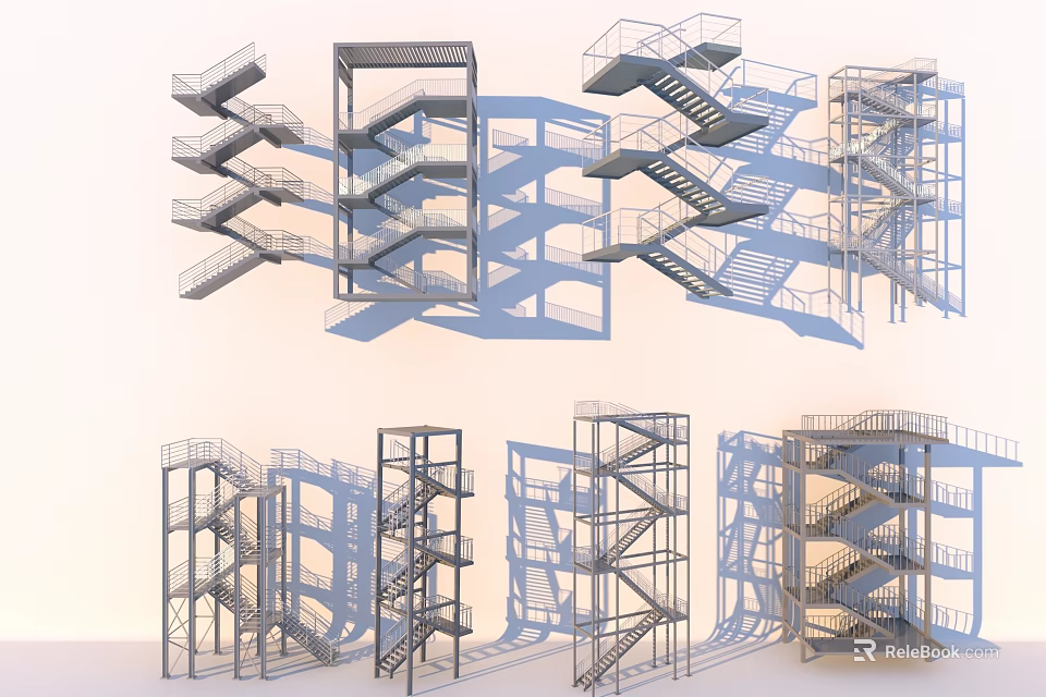 Various Staircase Designs With Metal Frame Structures Spiral Straight And Platform Types 3d model