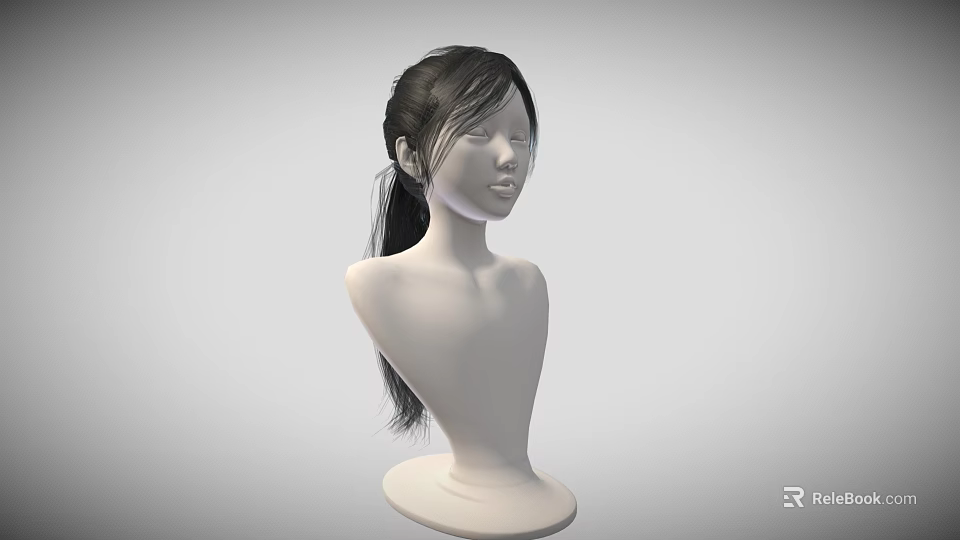Game and Movie Character 3D Model Asian Female with Black Ponytail Hair on White Mannequin 3d model 