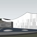 Modern Sales Office Building With Curved Black Roof Glass Facade And Circular Water Features