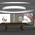 Luxurious Billiard Room With Billiard Table Cues Circular Ceiling Light Staircase And Decorative Plants