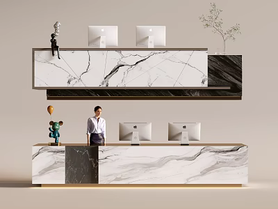 Modern Reception Desk Interior With Marble Countertop Computers And Stylish Decorations 3d model