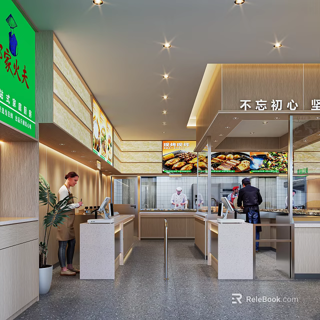 Restaurant Kitchen Interior With Service Counter Staff And Digital Menu Screen 3d model 