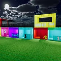 Outdoor Colorful Container Buildings With Night Sky Moon Clouds And Green Grass
