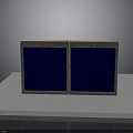 Two Blue Screens Side by Side Placed On White Platform With Gray Background