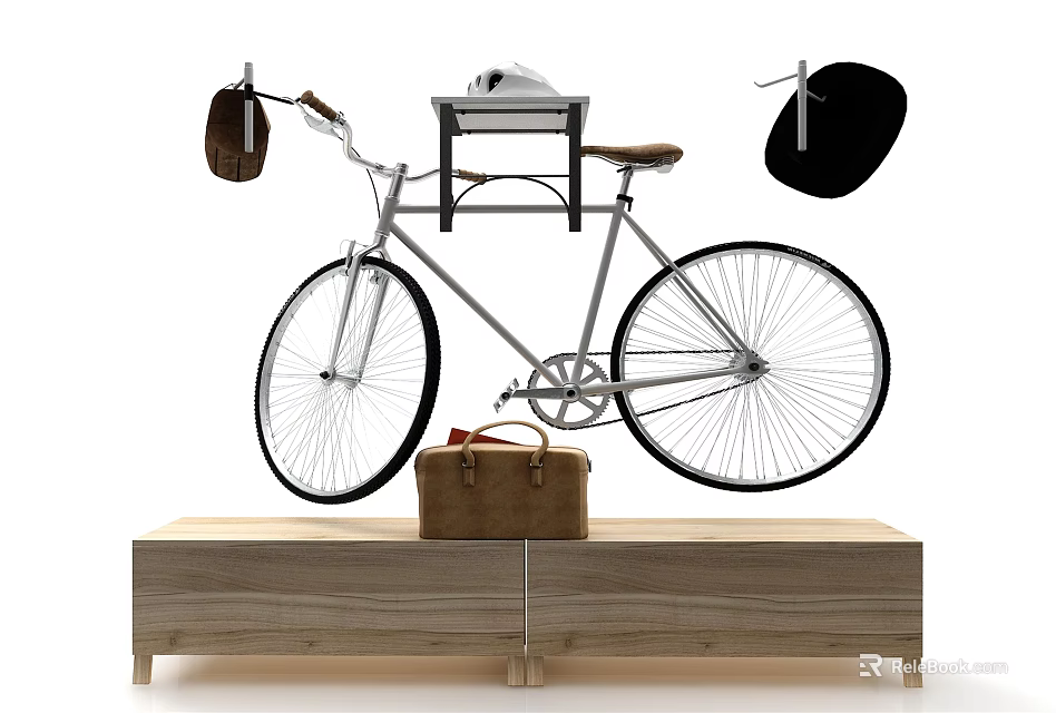 Vintage Bicycle With Brown Bag And Hanging Cap On Wooden Cabinet 3d model 