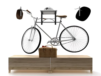 Vintage Bicycle With Brown Bag And Hanging Cap On Wooden Cabinet 3d model