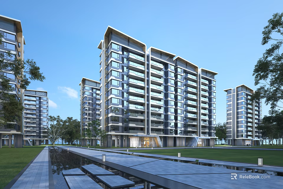 Modern High Rise Residential Building With Glass Curtain Facade And Green Surroundings 3d model 