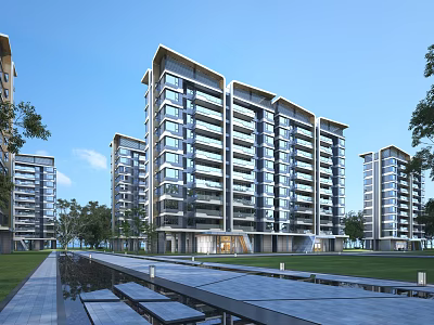 Modern High Rise Residential Building With Glass Curtain Facade And Green Surroundings 3d model