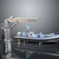 Silver Inflatable Motorboat With Control Console And Crane Structure With Ladder 3d model