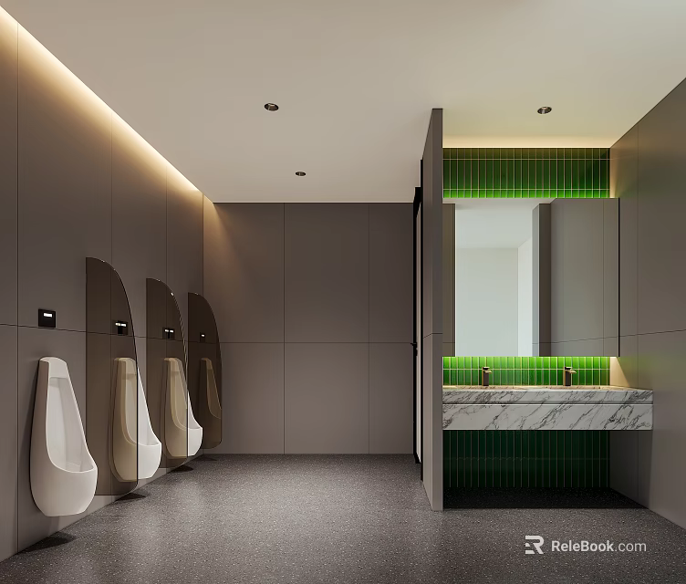 Modern Minimalist Public Male Toilet With Urinals And Exquisite Green Tile Marble Wash Counter Design 3d model 