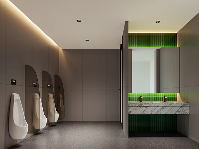 Modern Minimalist Public Male Toilet With Urinals And Exquisite Green Tile Marble Wash Counter Design 3d model