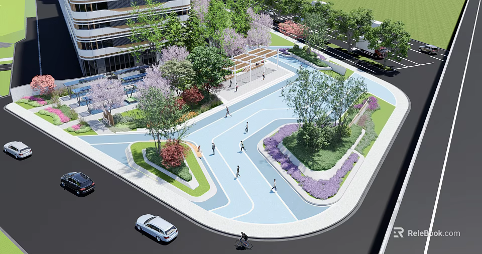 Scenic Urban Park Landscape With Lush Trees Colorful Flowers Pedestrian Walkways And People Walking 3d model 