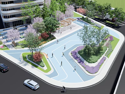 Scenic Urban Park Landscape With Lush Trees Colorful Flowers Pedestrian Walkways And People Walking 3d model