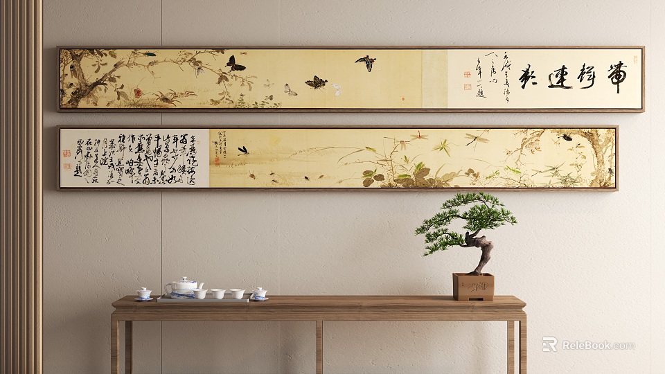 Traditional Chinese Animal Paintings Wall Art With Calligraphy And Plants 3d model 