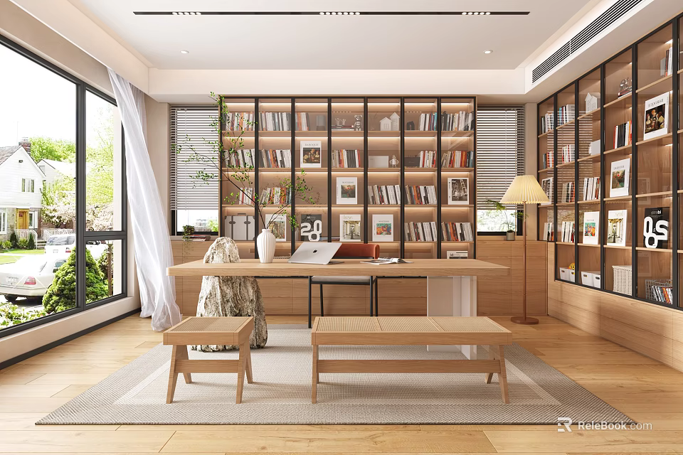 Cozy Study Room Interior With Wooden Bookshelves Writing Desk Large Windows And Potted Plants 3d model 