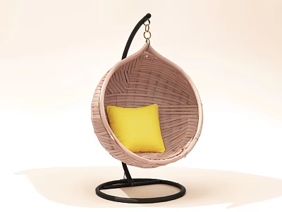 Modern Wicker Egg Shaped Hanging Chair With Yellow Cushion And Black Stand 3d model