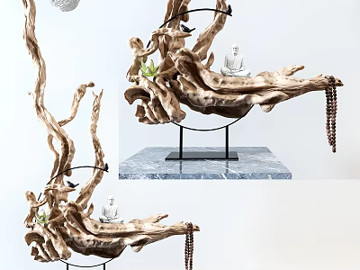 Wooden Root Shaped Decorative Ornament Set With Black Metal Stand Marble Base And Miniature Figure 3d model