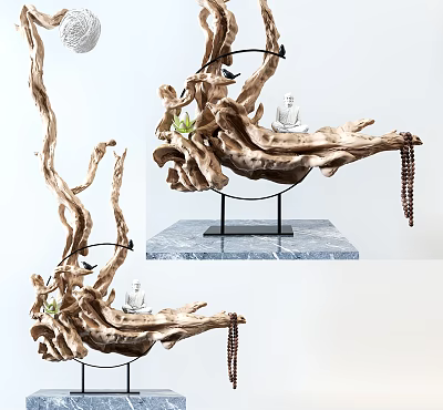 Wooden Root Shaped Decorative Ornament Set With Black Metal Stand Marble Base And Miniature Figure 3d model