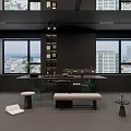 Modern Black Office Interior With Large Windows Marble Coffee Table And Plants