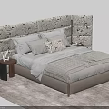 Modern Double Bed with Patterned Headboard Soft Pillows Bedspread and Wooden Nightstand on Plush Rug