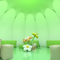 Cartoon Scene With Green Flower Shaped House Yellow Petals White Cloud And Colorful Flowers