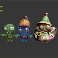 Cartoon Zombie Characters Three Funny Creatures In Green Orange Teapot Costumes