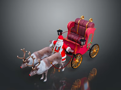 Santa Claus Riding Red Sleigh Pulled By Reindeer With Gold Accents And Lanterns 3d model