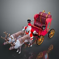 Santa Claus Riding Red Sleigh Pulled By Reindeer With Gold Accents And Lanterns